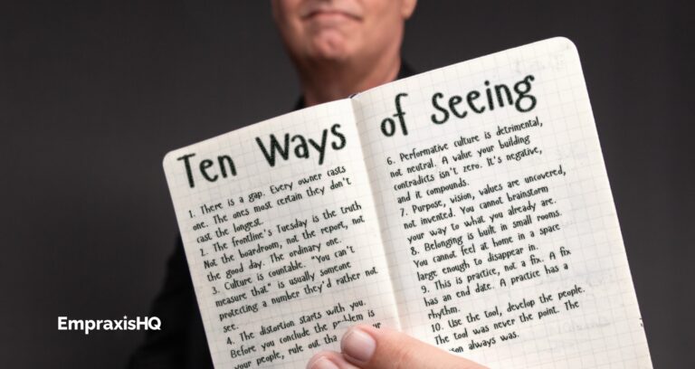 Tim holding a pocket notebook in which is written The Ten Ways of Seeing The HQ Mindset